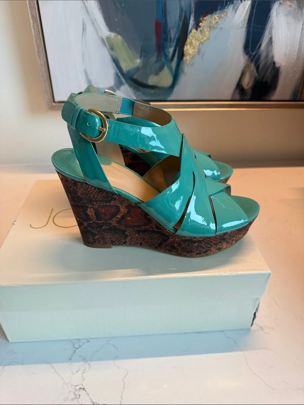 Joan & David Turquoise Patent Leather Wedge Sandals